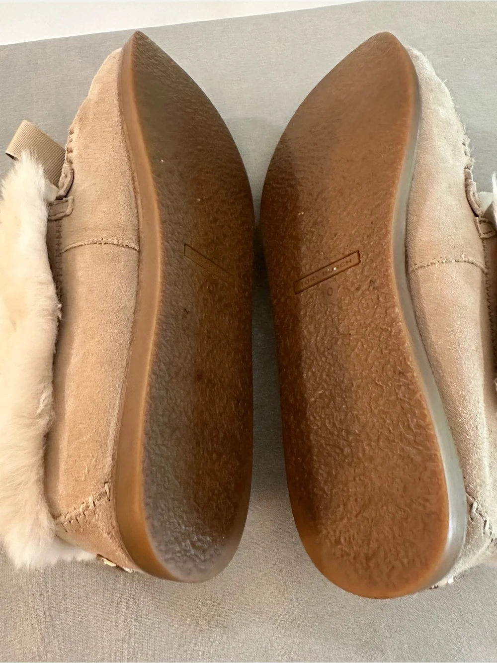 Tory Burch Aberdeen Light Camel Suede Slipper with Rabbit Fur Trim